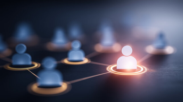 Connected user icons with one highlighted representing customer targeting segmentation leadership and people analytics network.
