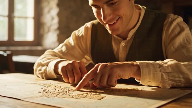 A thoughtful man in historical attire is closely examining a detailed map in a warmly lit, rustic room, perfect for historical or travel themed conten