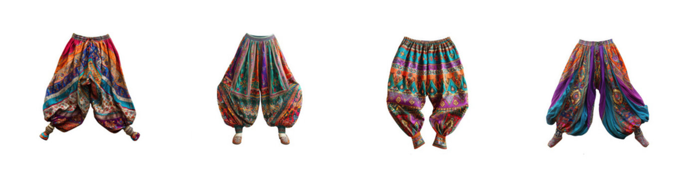 Colorful bohemian harem pants, loose fit, patterned, vibrant ethnic style for women, casual wear isolated on transparent background