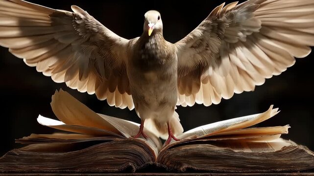 Dove emerges from holy book with open wings at a spiritual moment
