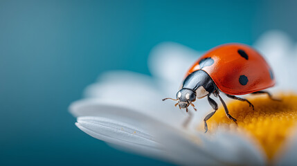Ladybug on daisy flower representing biodiversity and natural pest control in spring garden.
