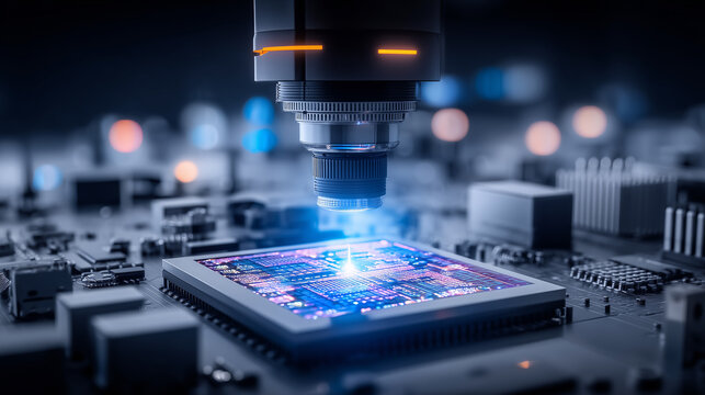 Microscope inspecting microchip on circuit board, representing semiconductor testing, precision engineering, and quality control.
