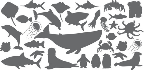 Minimalist silhouette ocean wildlife collection isolated on transparent background, Vector, illustration