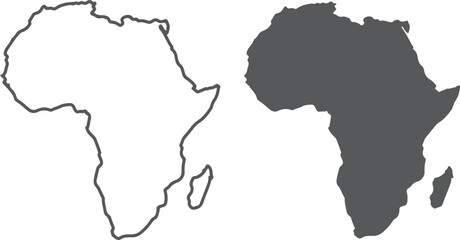 Minimalist africa map comparison - outline vs filled isolated on transparent background, Vector, illustration