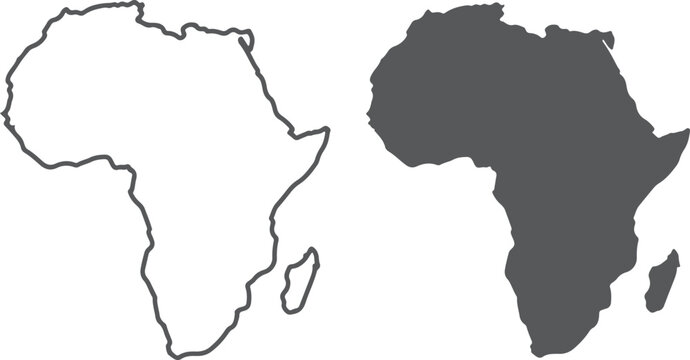 Minimalist africa map comparison - outline vs filled isolated on transparent background, Vector, illustration
