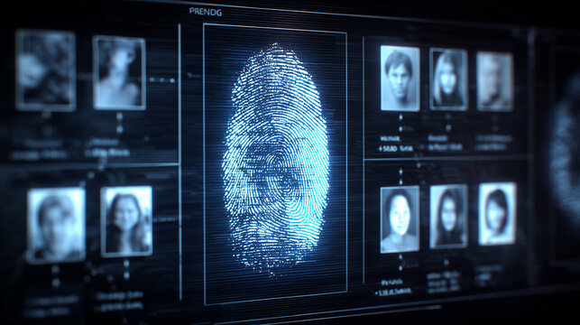 Fingerprint scan interface with linked profile cards representing biometric identity verification and privacy risk.
