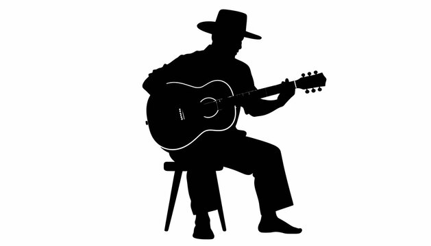 Silhouette of a man playing guitar while sitting on a stool.