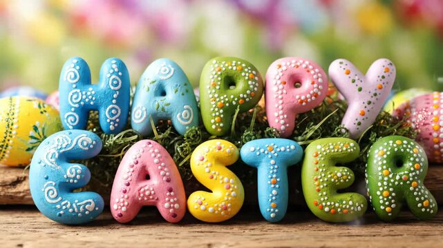 Colorful decorated letters spelling happy easter on a rustic wooden surface. Festive handmade typography for a spring holiday celebration. Wide panoramic banner for a website header