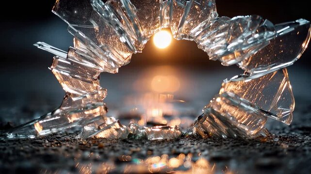 Broken glass with hole on dark surface shows light reflecting at night as a detail of glass fragments shows sharp edges