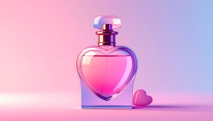 A heart-shaped perfume bottle with a glass stopper, filled with pink liquid. A small pink heart sits beside it, set against a gradient background