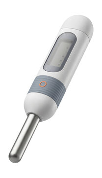 Digital rectal thermometer with a short, rounded tip and waterproof design.