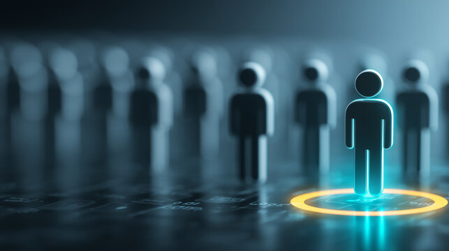 Highlighted person icon in crowd representing target audience selection and customer segmentation concept.
