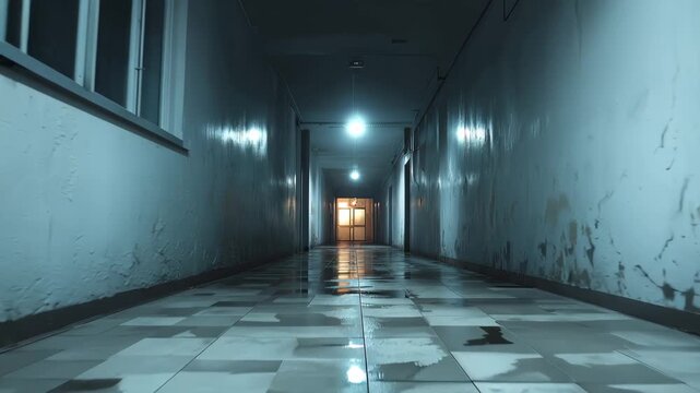 Long dimly lit corridor in an abandoned building with flickering lights that seem to warn of danger and isolation