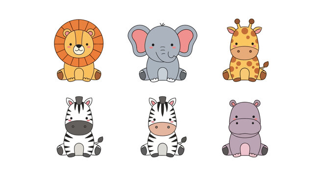 Cartoon animals collection lion elephant giraffe zebra hippo on white