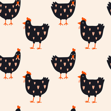 Seamless pattern of cute chickens. Spring designs. Vector