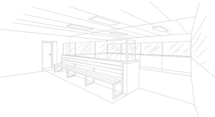 Clean locker room interior with benches and mirrors outline illustration