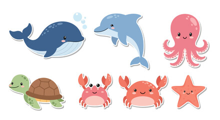 Cartoon sea creatures collection whale dolphin octopus turtle crab starfish © Hadi