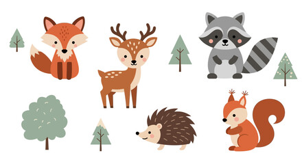 Fototapeta premium Cartoon forest animals illustration fox deer raccoon squirrel and hedgehog