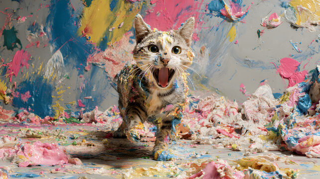 gato feliz felino sonriente manchado de pintura por travieso y divertido jugando con papel y pintura por todo el cuarto con manchas coloridas artisticas 