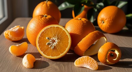 Peeled and Whole Tangerines with Segments on Wooden Surface, Citrus Fruit Still Life, Copy Space for Vitamin and Healthy Snack Concepts