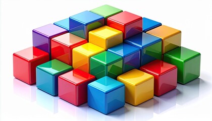 Obraz premium Colorful glossy 3D cubes stacked in pyramid formation on white background, vibrant abstract geometric render.