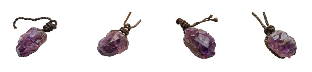 Fototapeta premium Raw amethyst crystal pendant with rope, isolated on white background isolated on transparent background