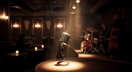 Naklejka premium Retro microphone on a stage with a band