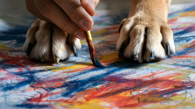 patas de un perro jugando con un ni&ntilde;o  dibujar a pintar sobre un lienzo con colores divertido felicidad y entretenimiento 