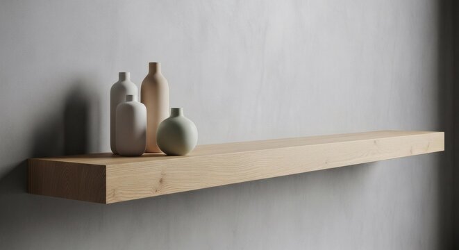 a long floating oak shelf mounted against a textured micro-cement wall. A few minimalist ceramic vessels rest on the shelf