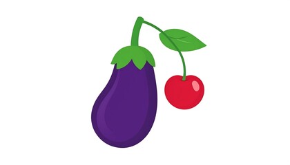 A cartoon illustration featuring a large, purple eggplant next to a small, red cherry. A green stem connects them