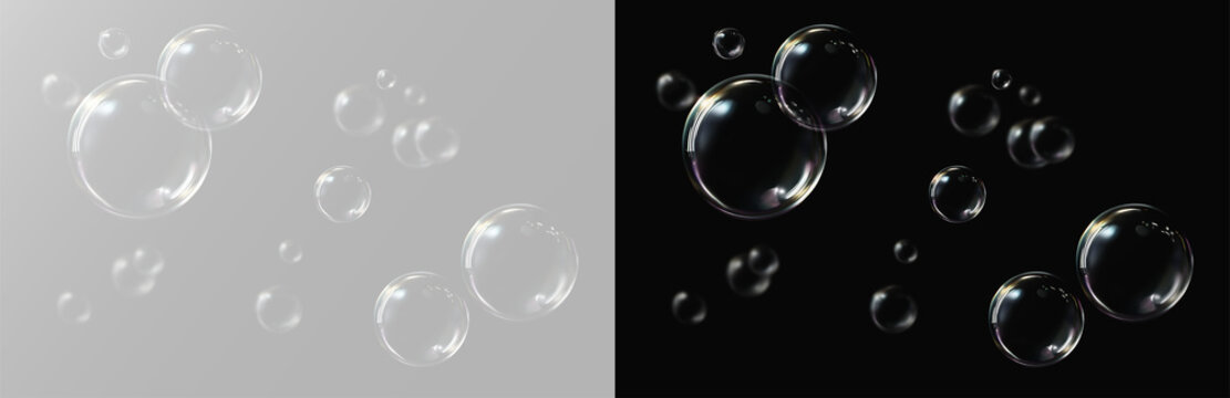 Soap, bubble, transparent, color, air &mdash; realistic PNG bubble with glossy finishTransparent soap bubbles floating on black and white background. Light glossy spheres with soft reflections overlay balls
