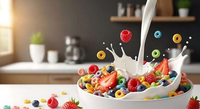 Milk pouring into a bowl of colorful fruit loop cereal with fresh berries in a bright kitchen.