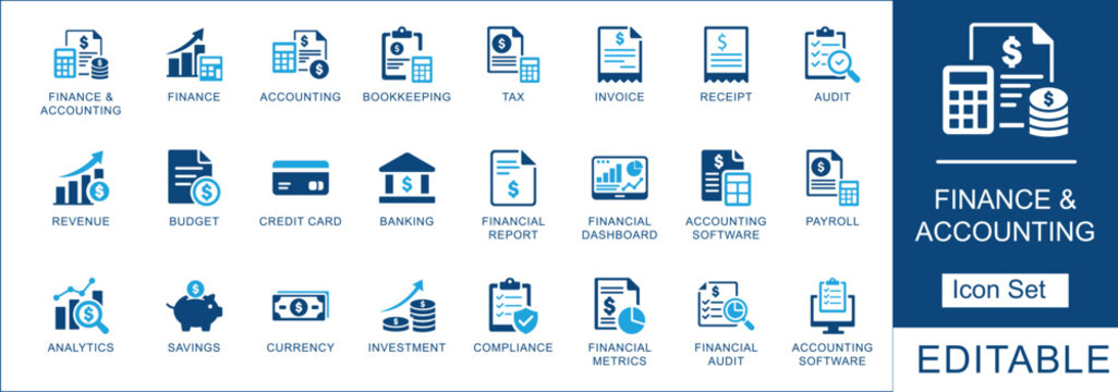 Finance and accounting icon set. Vector symbols for bookkeeping, tax, audit, payroll, investment, and financial reporting. Ideal for business apps and websites.