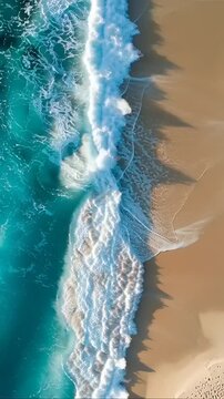 Aerial View of Ocean Waves Crashing on Sandy Beach.