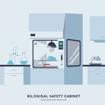 Illustration of a biological safety cabinet in a laboratory setting with various scientific equipment and a gloved hand performing an experiment.