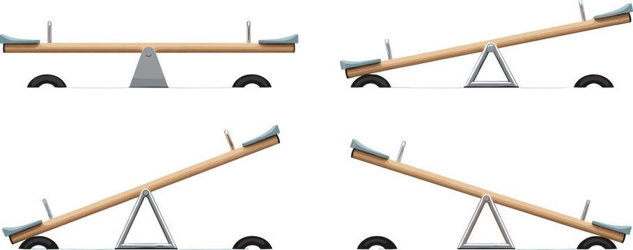 Realistic seesaw balance playground equipment set with different tilt positions leverage concept detailed vector illustration collection.