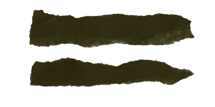 Two horizontal torn dark olive green paper strips with rough edges on a black background.