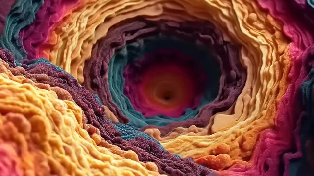 Entrancing fractal patterns shimmer with layered colors; A kaleidoscope of unique textures creates a hypnotizing depth perception