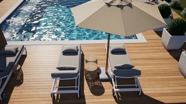 Relaxing poolside scene with sun loungers and parasol near the pool.