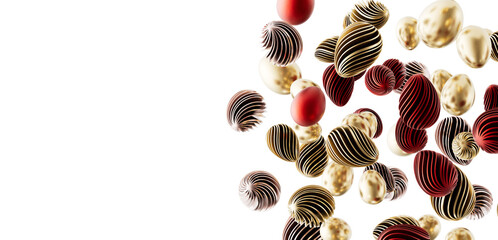 Artistic depiction of patterned Easter eggs in various colors and textures, floating against a clean white background. P