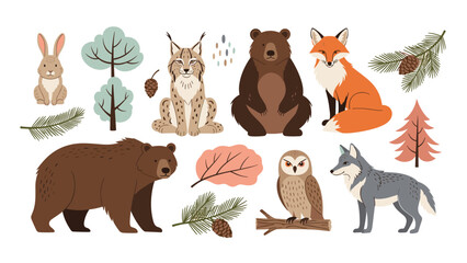 Fototapeta premium Set of various forest animals including a bear, fox, lynx, owl, and wolf with trees, leaves, and pine cones in a flat style.