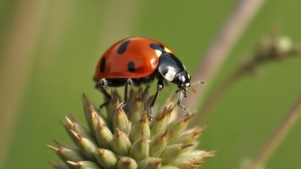 Fototapeta premium Ladybug on a green plant with sharp thorns and a blurred green background side profile