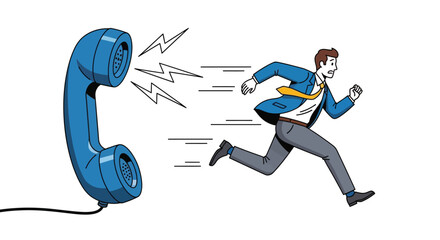 Businessman running away from the  ringing telephone receiver quickly