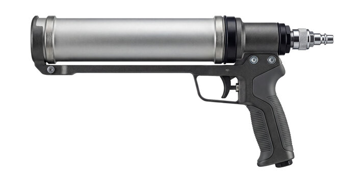 Pneumatic caulking gun with a trigger and air hose connection.
