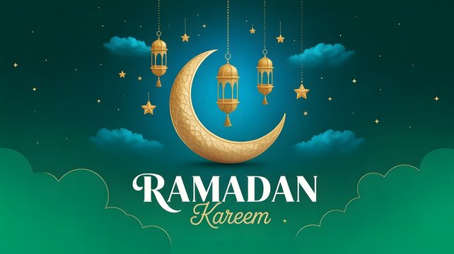 Ramadan kareem greeting with crescent moon and lanterns