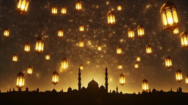 Ramadan Lanterns and Mosque Silhouette Festive Night Background Loop