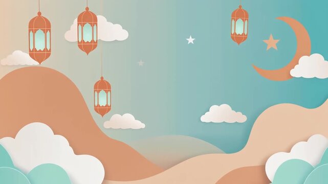 Ramadan Kareem Illustration with Lanterns, Moon, and Clouds
