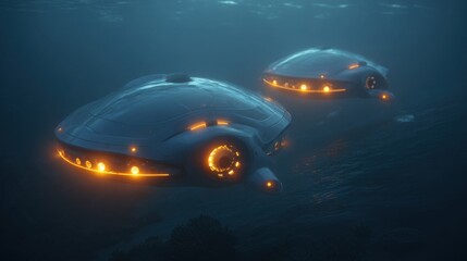 Obraz premium Two sleek underwater exploration vehicles navigate the dark ocean environment, illuminated by orange lights that contrast with the deep blue water. The serene atmosphere hints at undiscovered wonders.
