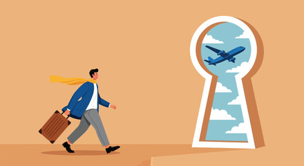 Businessman with suitcase walking towards a keyhole with airplane