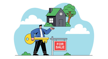 Real estate agent showcasing a house with a large key